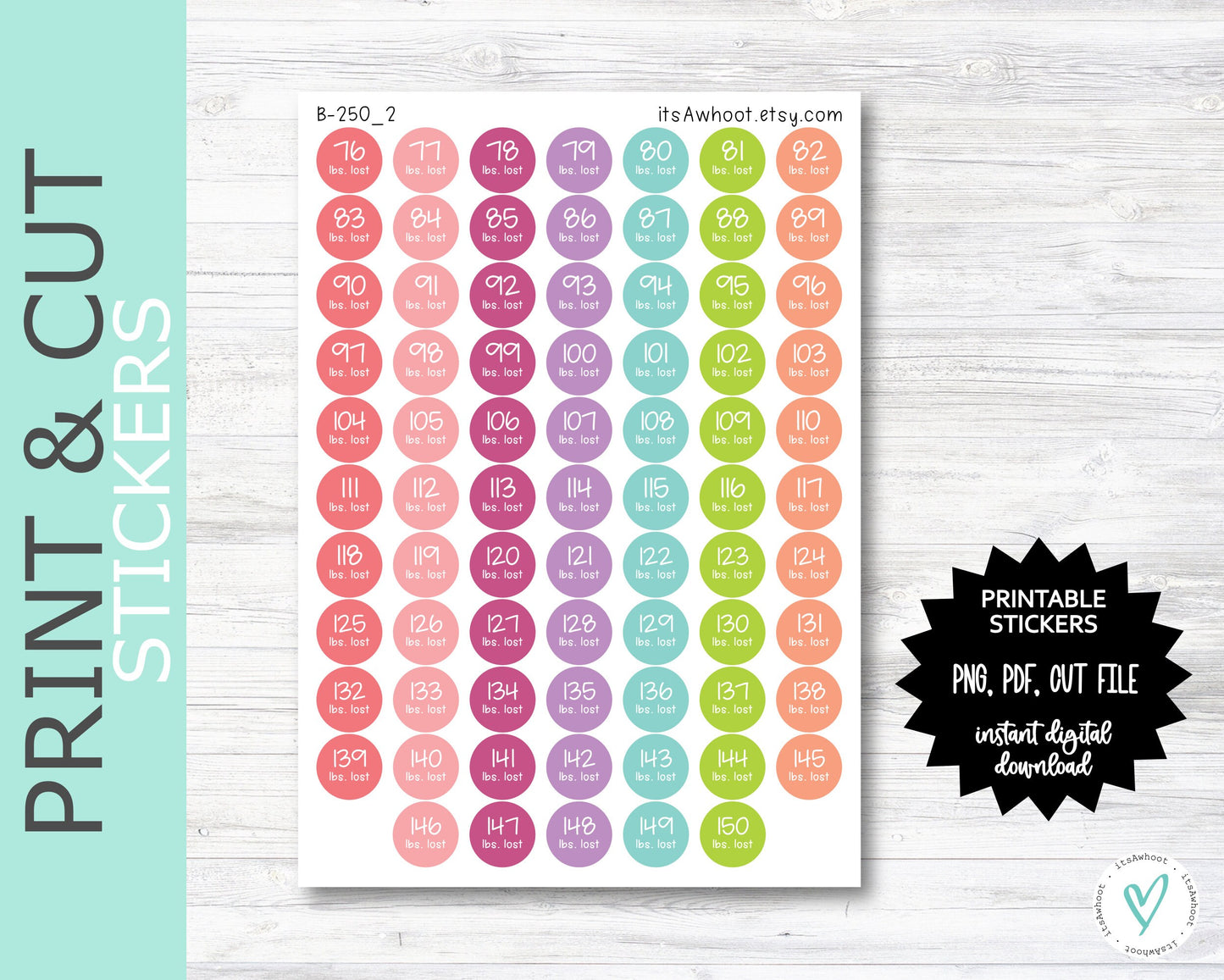 Weight Loss Milestone Stickers PRINT & CUT Planner Stickers, Lbs Lost Stickers, Pounds Lost Stickers - 76-150 Lbs Lost - Sm .5" (B250_2PC)