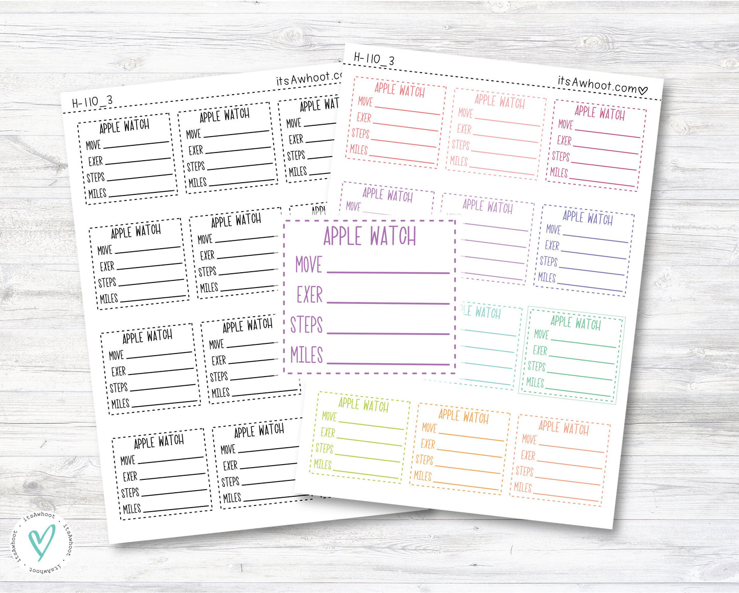 Activity Smart Watch Stickers, Fitness Tracker Stats Planner Stickers - Move, Exercise, Steps, Miles - Dash Box - Set of 12 (H110_3)