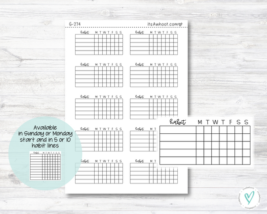 Weekly Habit Tracker Planner Stickers - Sunday or Monday Start/5 or 10 Habit Lines (G274)