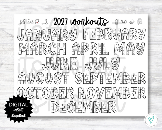 2027 Workouts Tracker Coloring Page Printable, Coloring Workout Calendar, Year Workout Tracking Coloring Sheet - PRINTABLE (N001_4)