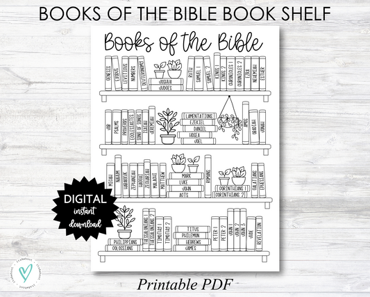 Books of the Bible BOOK SHELF tracker, Bible Books Coloring Page - Black & White - PRINTABLE (N055)