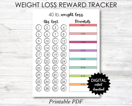 Weight Loss Reward Printable, 40 Lb Weight Loss Reward Tracker, Weight Loss Tracker Digital Download Planner Page - PRINTABLE (N050_3)