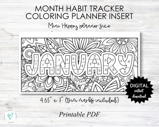 January Habit Tracker Coloring Sheet Printable - Happy Planner MINI Size Planner Insert - PRINTABLE (O013_2Jan)