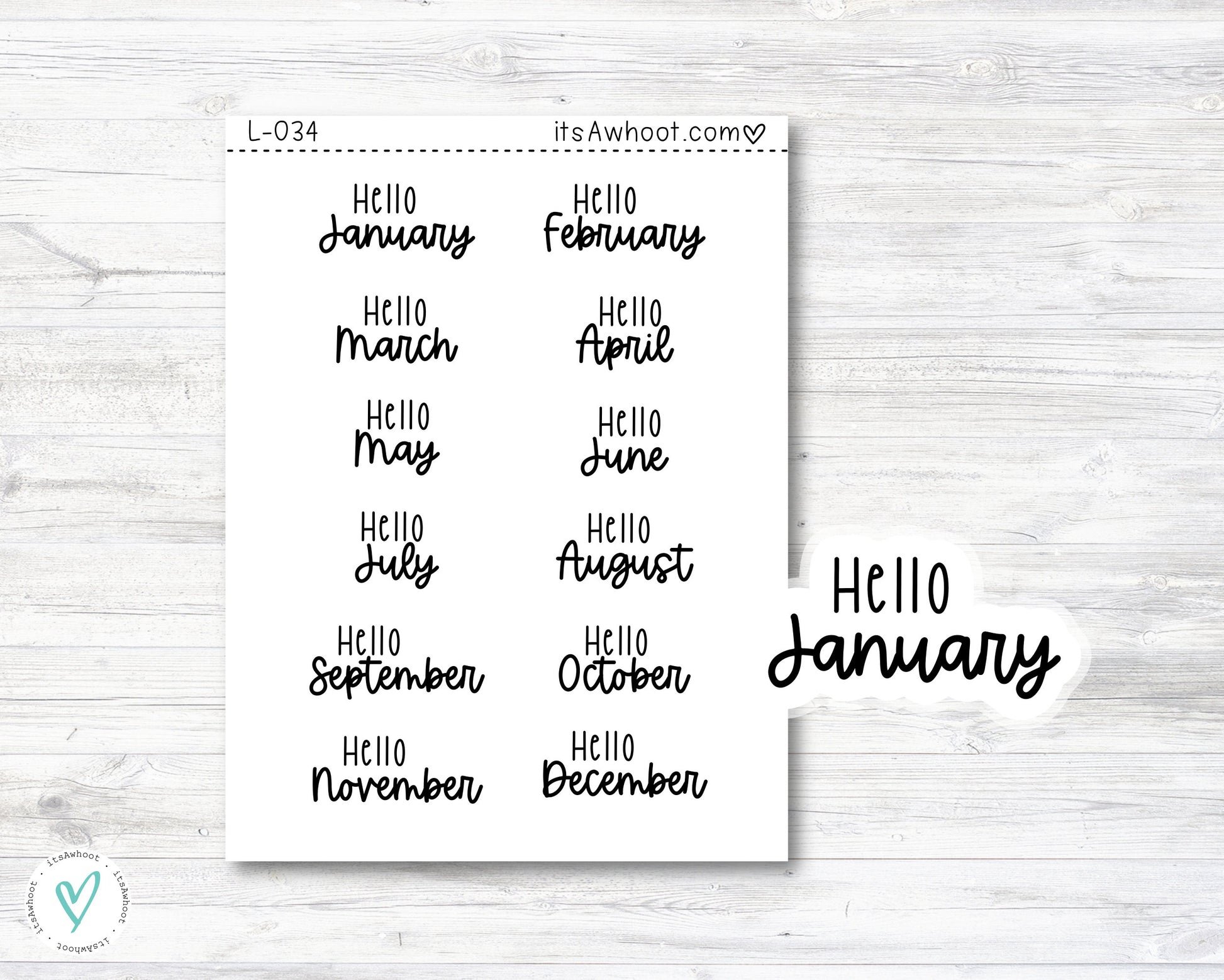 Hello Month Stickers, Hello January Planner Stickers - SMALL DECO SHEET (L034)