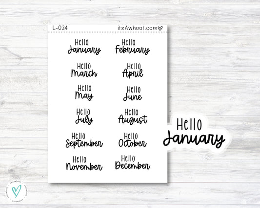 Hello Month Stickers, Hello January Planner Stickers - SMALL DECO SHEET (L034)