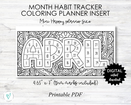 April Habit Tracker Coloring Sheet Printable - Happy Planner MINI Size Planner Insert - PRINTABLE (O013_2Apl)