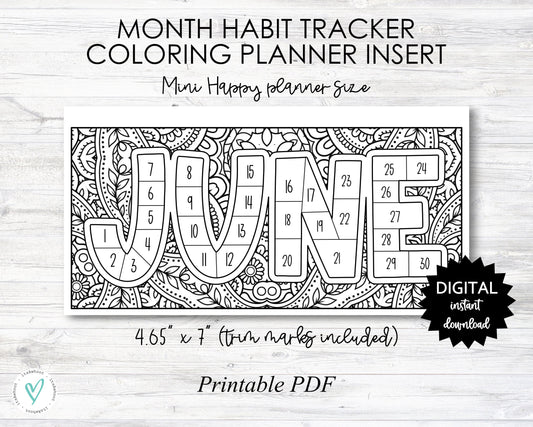 June Habit Tracker Coloring Sheet Printable - Happy Planner MINI Size Planner Insert - PRINTABLE (O013_2Jun)