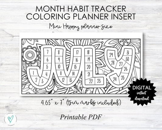 July Habit Tracker Coloring Sheet Printable - Happy Planner MINI Size Planner Insert - PRINTABLE (O013_2Jul)