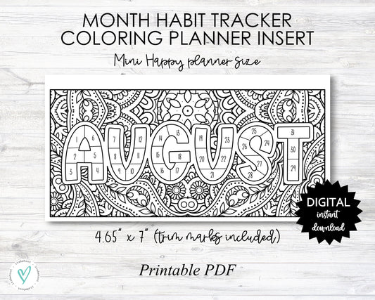 August Habit Tracker Coloring Sheet Printable - Happy Planner MINI Size Planner Insert - PRINTABLE (O013_2Aug)