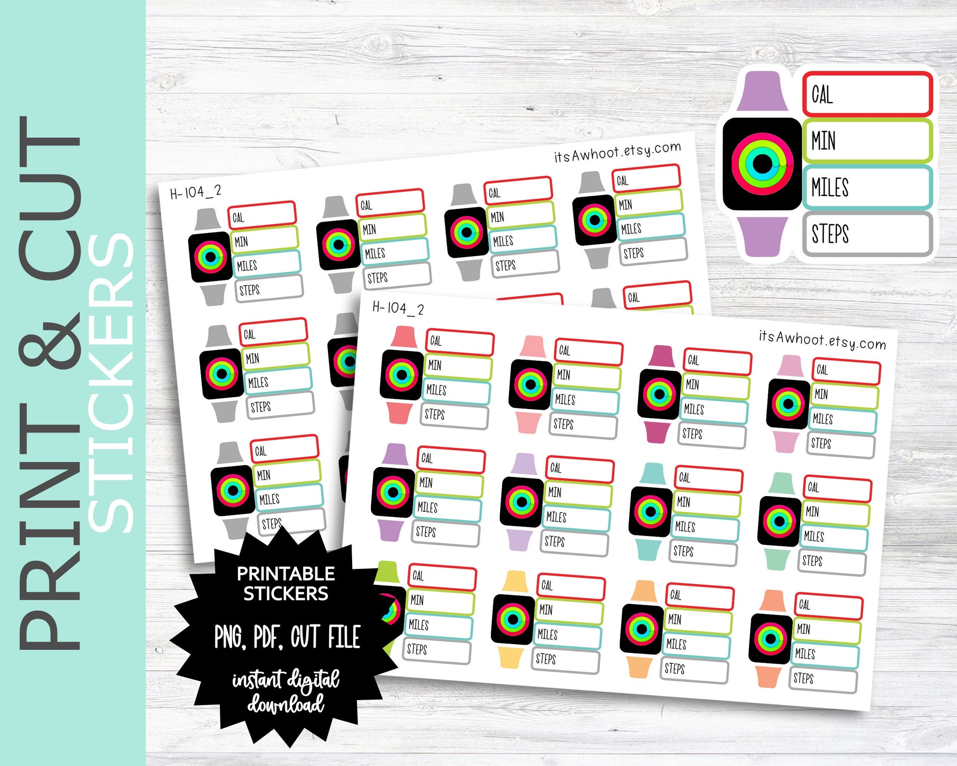 Activity Ring Stats Tracker - Cal, Min, Miles, Steps PRINT & CUT Planner Stickers (H104_2PC)