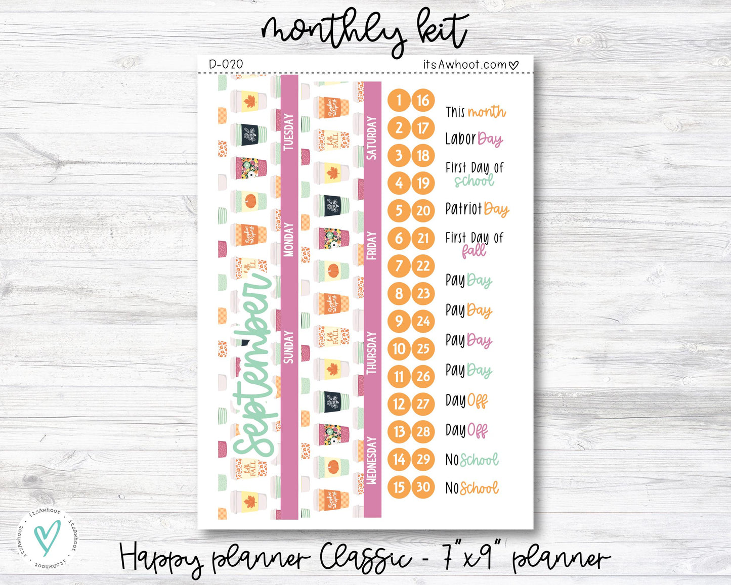 MONTHLY Kit Planner Stickers - SEPTEMBER "Pumpkin Spice" - Happy Planner CLASSIC / 7"x9" (D020)