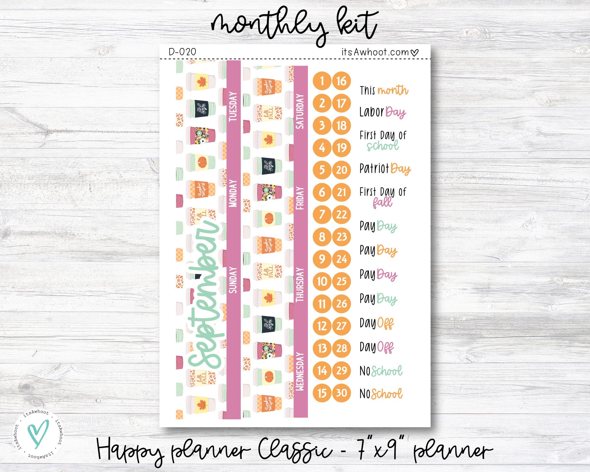 MONTHLY Kit Planner Stickers - SEPTEMBER "Pumpkin Spice" - Happy Planner CLASSIC / 7"x9" (D020)