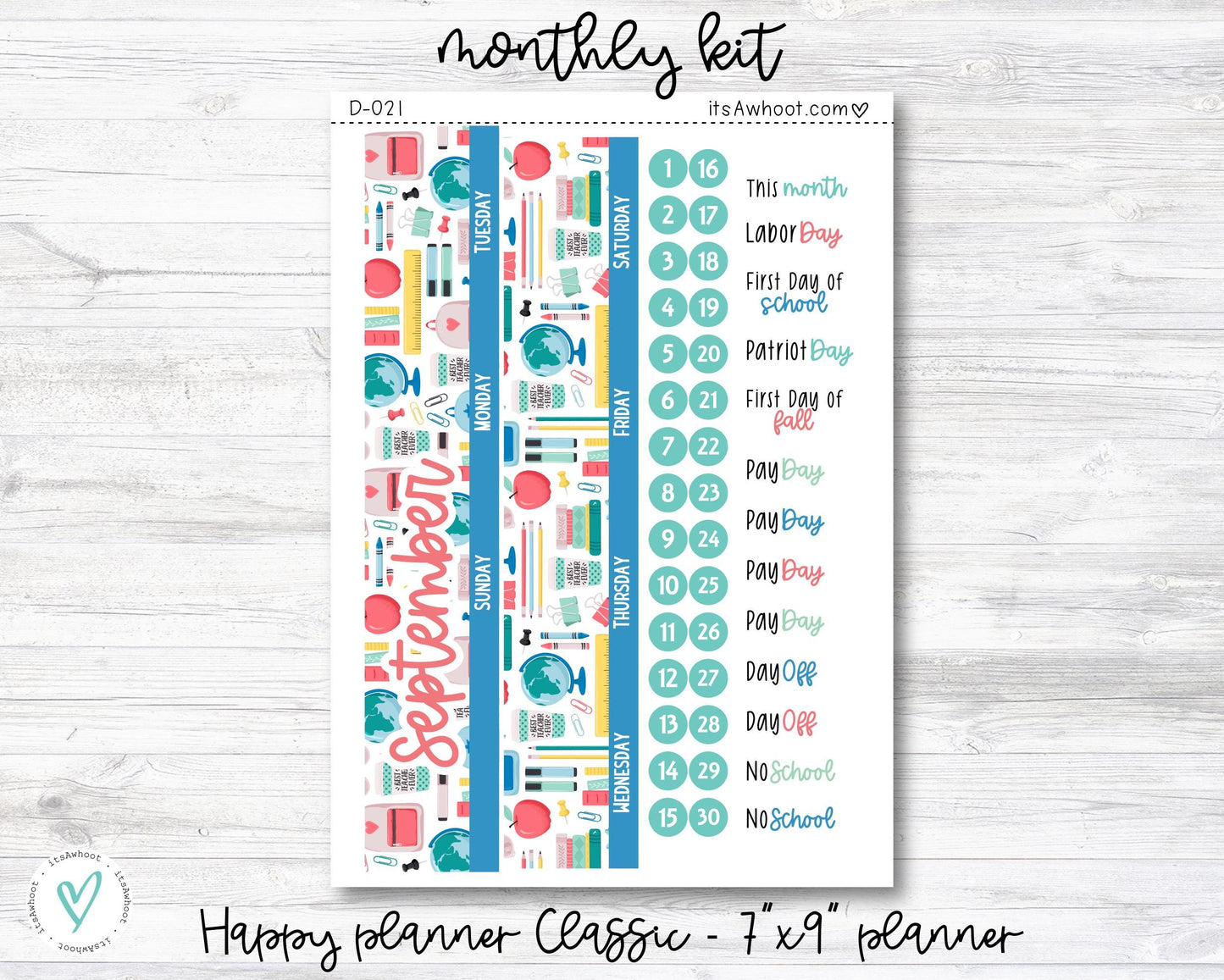 MONTHLY Kit Planner Stickers - SEPTEMBER "Back to School" - Happy Planner CLASSIC / 7"x9" (D021)