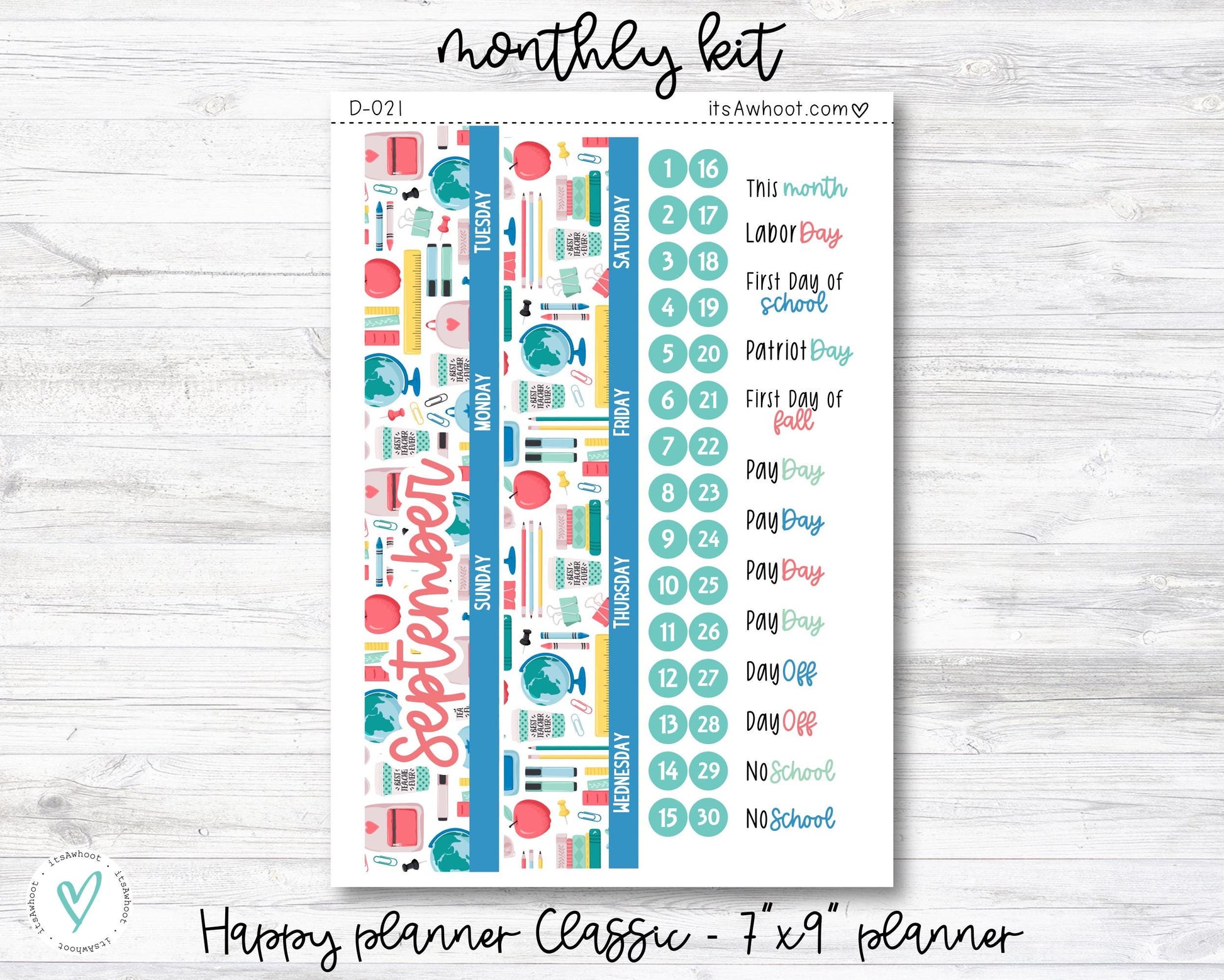 MONTHLY Kit Planner Stickers - SEPTEMBER "Back to School" - Happy Planner CLASSIC / 7"x9" (D021)