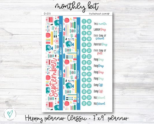 MONTHLY Kit Planner Stickers - SEPTEMBER "Back to School" - Happy Planner CLASSIC / 7"x9" (D021)