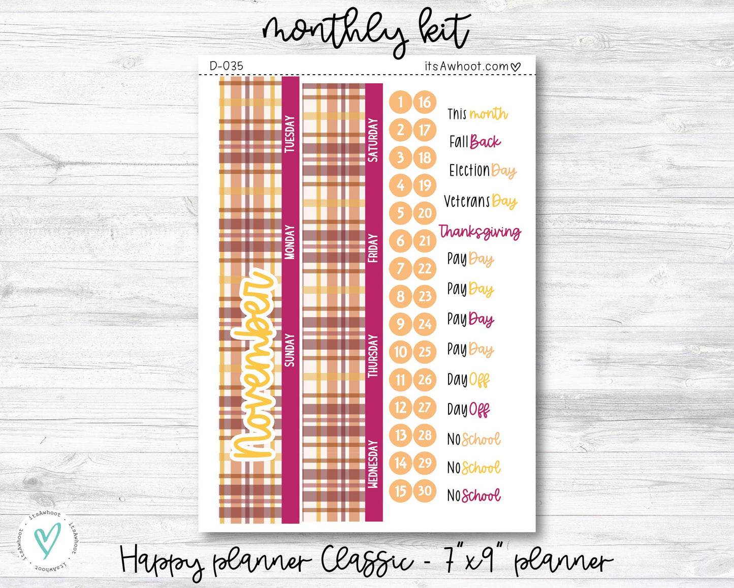 MONTHLY Kit Planner Stickers - NOVEMBER "Fall Harvest" - Happy Planner CLASSIC / 7"x9" (D035)