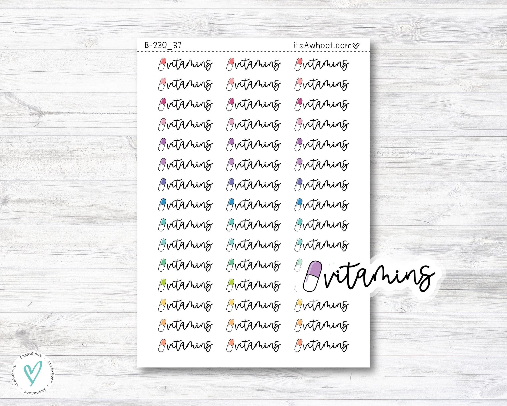 Vitamins Script Stickers, Vitamins Planner Stickers, Vitamins with Icon Stickers (B230_37)