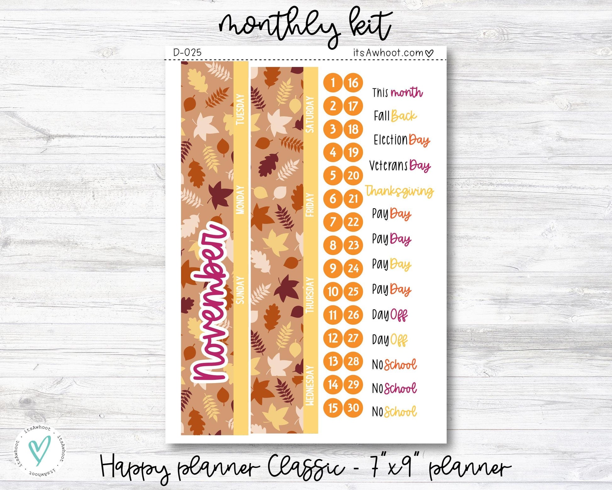 MONTHLY Kit Planner Stickers - NOVEMBER "Fall Harvest" - Happy Planner CLASSIC / 7"x9" (D025)