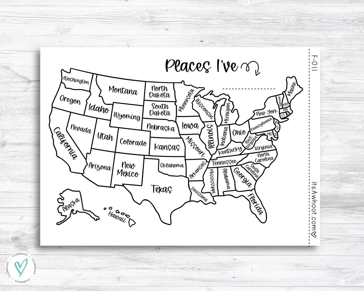 Places I've... USA United States Tracker Map Sticker - Dashboard Sticker (F011)