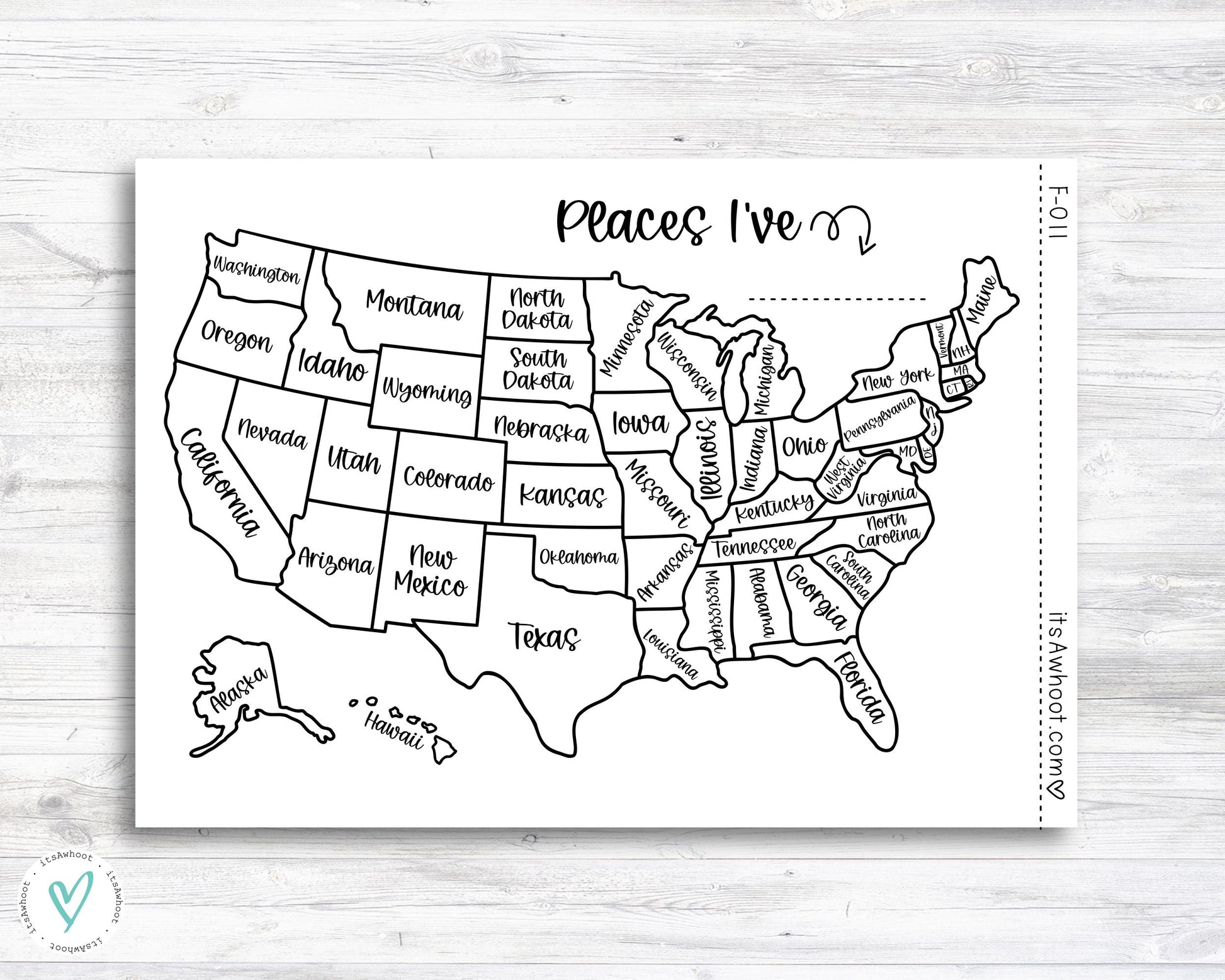 Places I've... USA United States Tracker Map Sticker - Dashboard Sticker (F011)