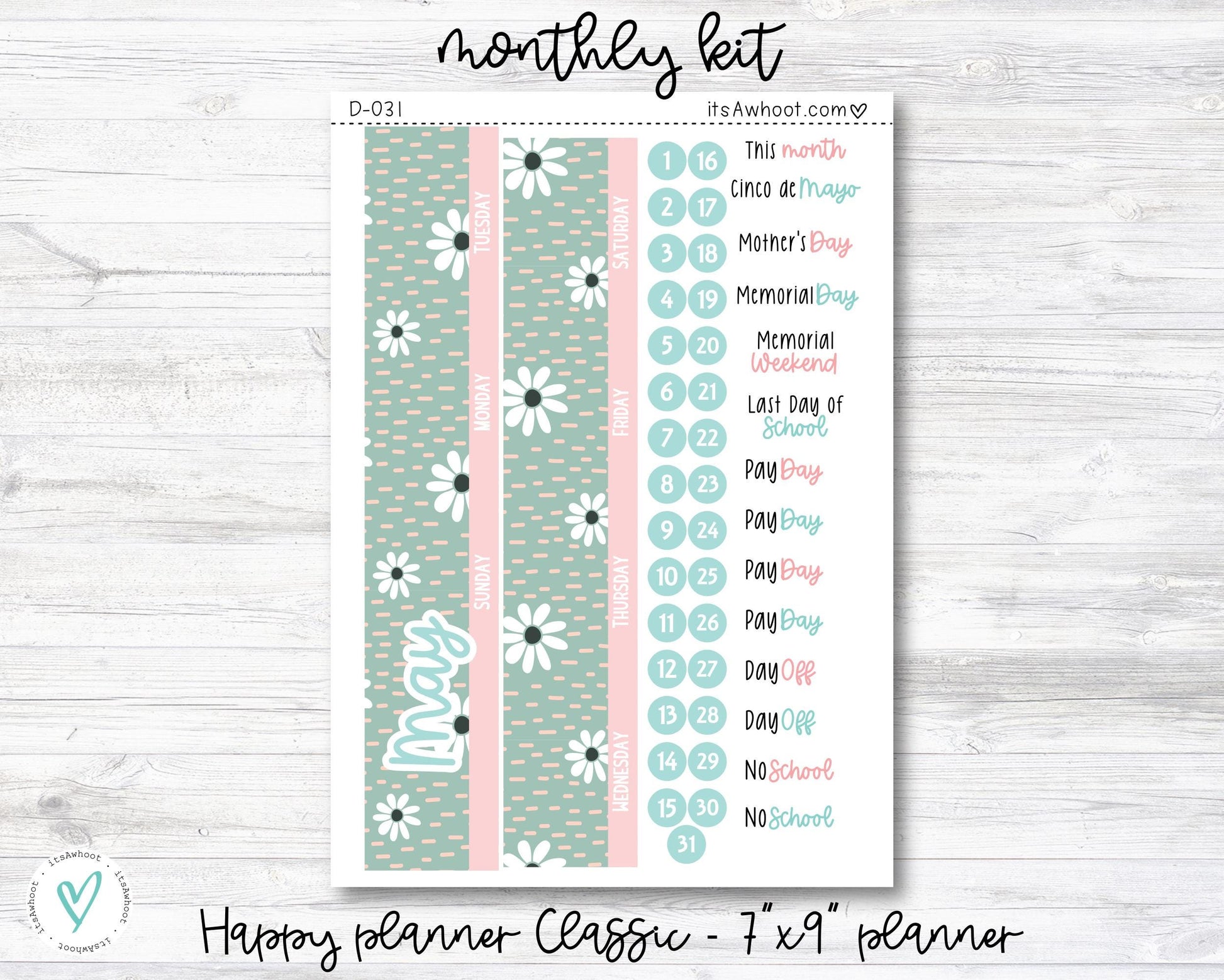 MONTHLY Kit Planner Stickers - MAY "Love, Mom" - Happy Planner CLASSIC / 7"x9" (D031)