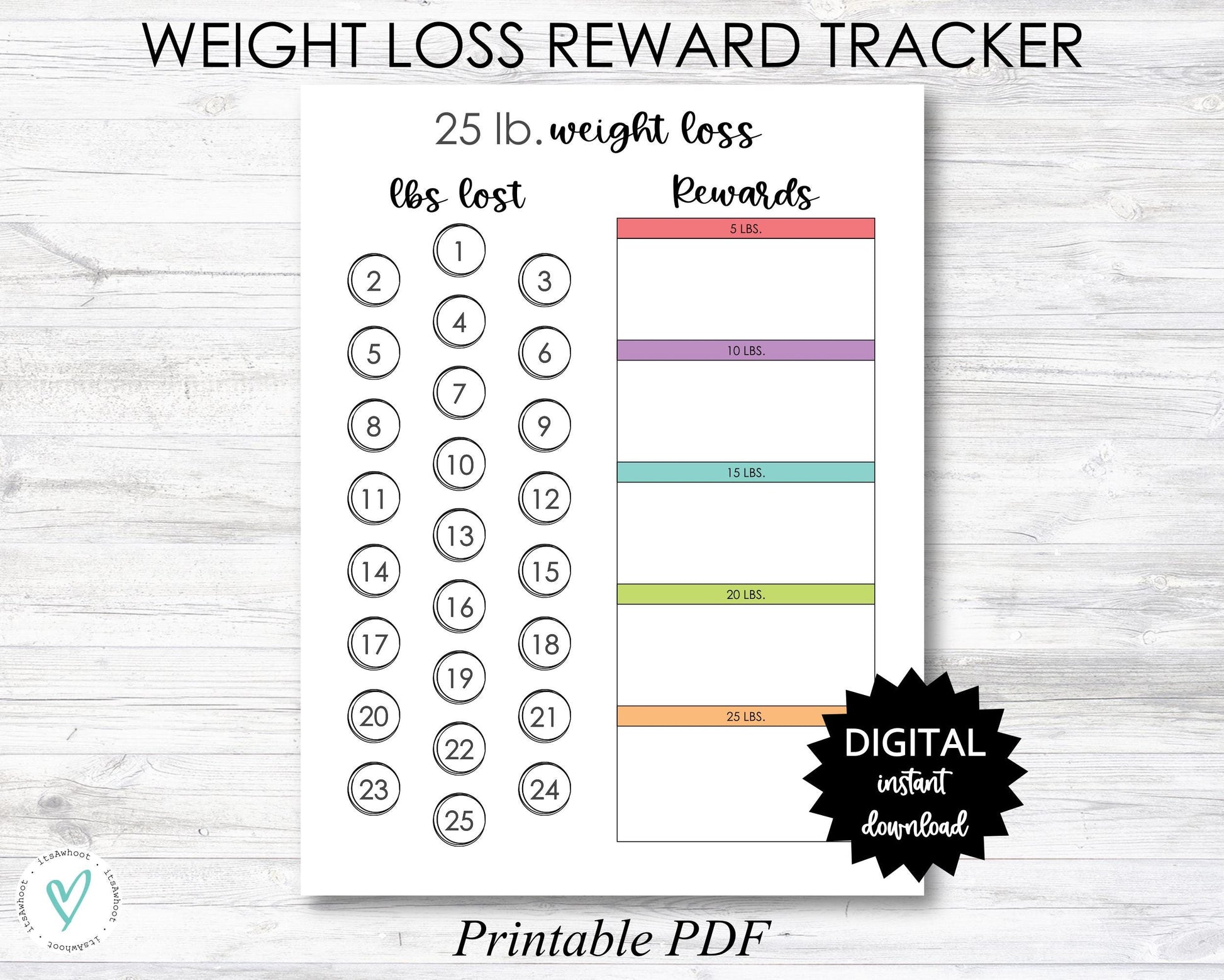 Weight Loss Reward Printable, 25 Lb Weight Loss Reward Tracker, Weight Loss Tracker Digital Download Planner Page - PRINTABLE (N050_4)