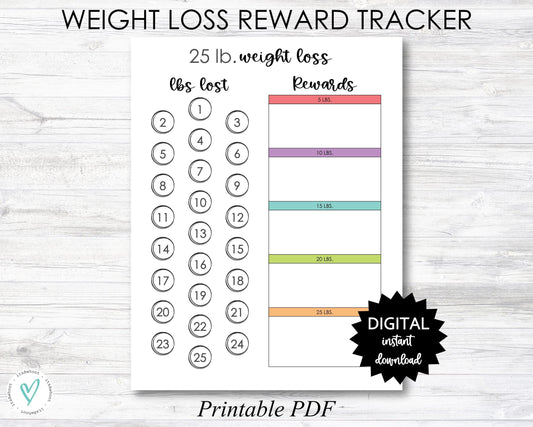 Weight Loss Reward Printable, 25 Lb Weight Loss Reward Tracker, Weight Loss Tracker Digital Download Planner Page - PRINTABLE (N050_4)