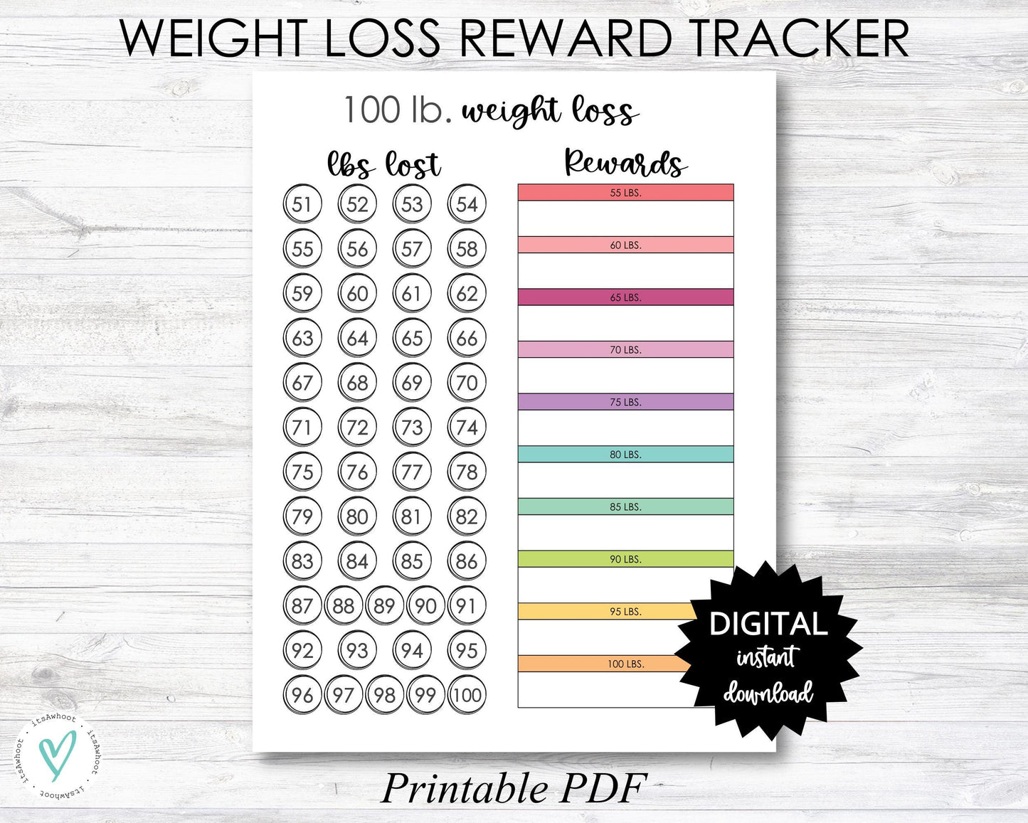 Weight Loss Reward Printable, 100 Lb Weight Loss Reward Tracker, Weight Loss Tracker Digital Download Planner Page - PRINTABLE (N050_5)