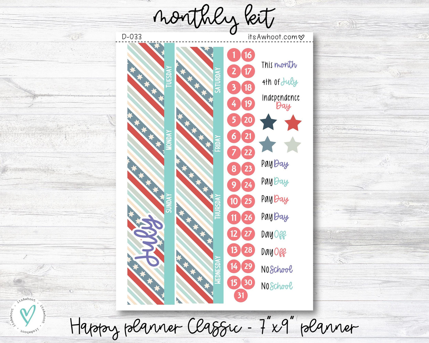 MONTHLY Kit Planner Stickers - JULY "'Merica" - Happy Planner CLASSIC (D012)