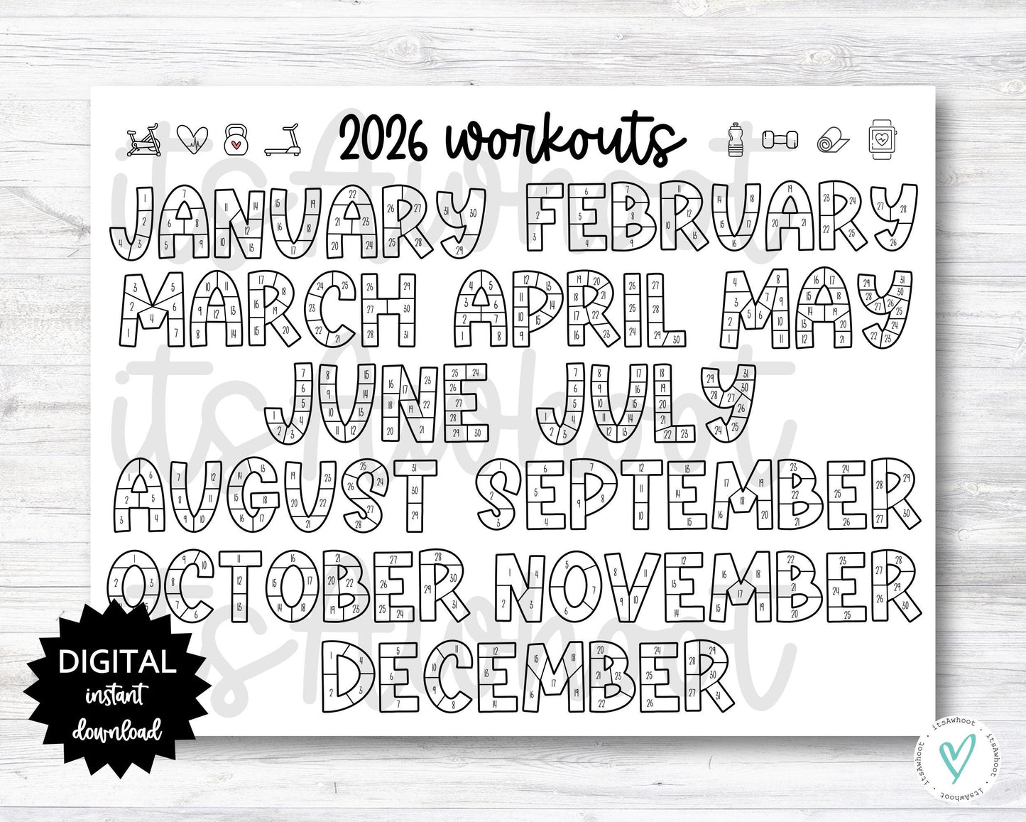 2024 Workouts Tracker Coloring Page Printable, Coloring Workout Calendar, Year Workout Tracking Coloring Sheet - PRINTABLE (N001_4)