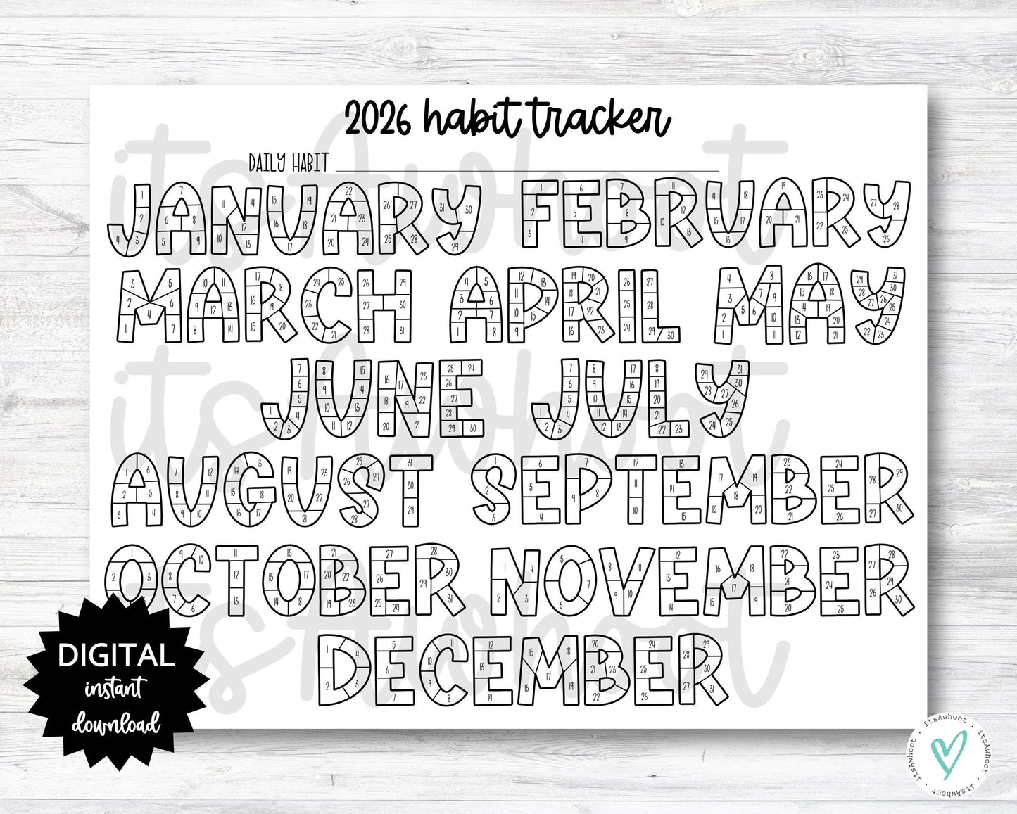 2026 Habit Tracker Coloring Sheet Printable, Month Habit Tracker Coloring Sheet, Year Habit Tracker Coloring Sheet - PRINTABLE (N001_9)