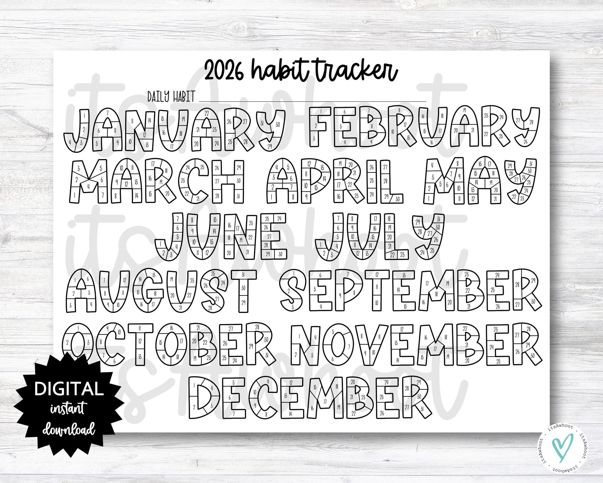 2026 Habit Tracker Coloring Sheet Printable, Month Habit Tracker Coloring Sheet, Year Habit Tracker Coloring Sheet - PRINTABLE (N001_9)