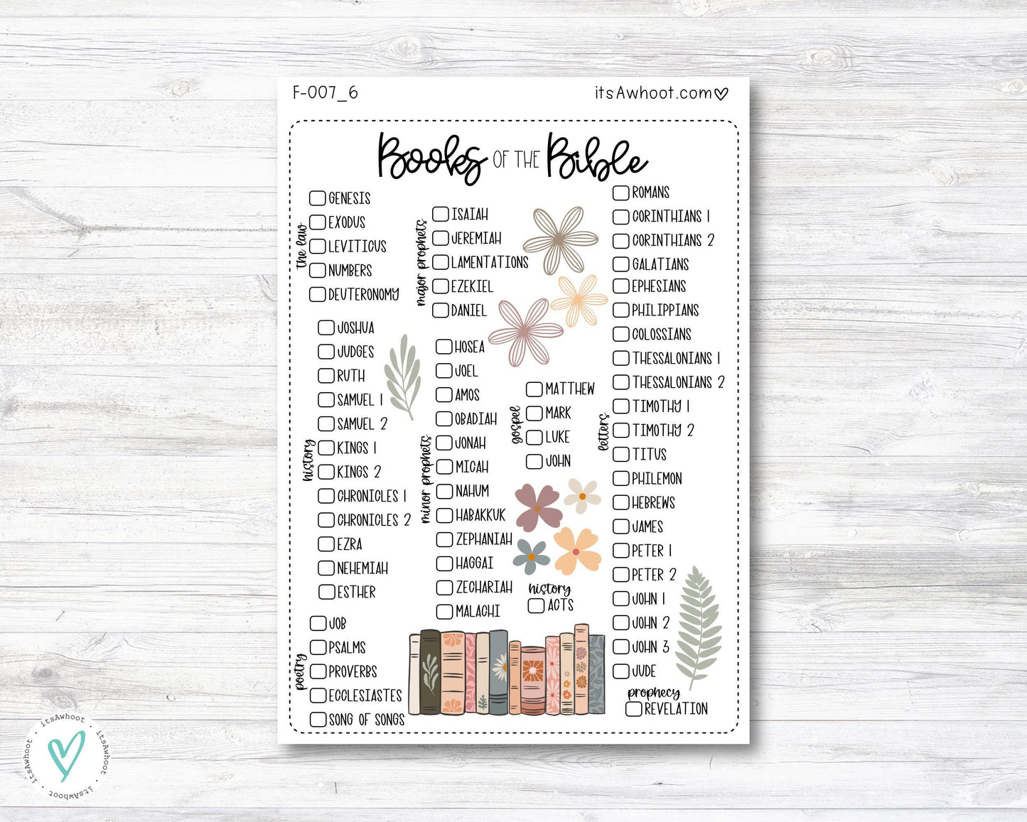 Books of the Bible Checklist Sticker, Books of the Bible Tracker - Sorted by GENRE (F007_6)