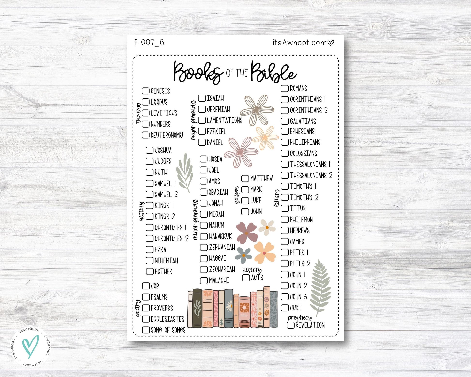 Books of the Bible Checklist Sticker, Books of the Bible Tracker - Sorted by GENRE (F007_6)