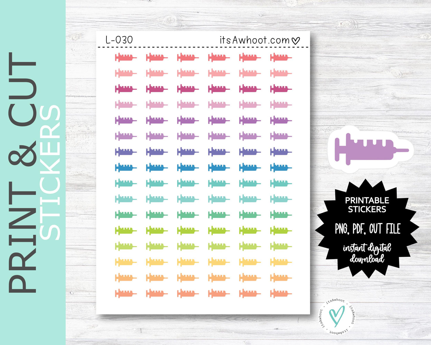 Shot / Syringe PRINT & CUT Planner Stickers - Mini .25" Tall (L030PC)