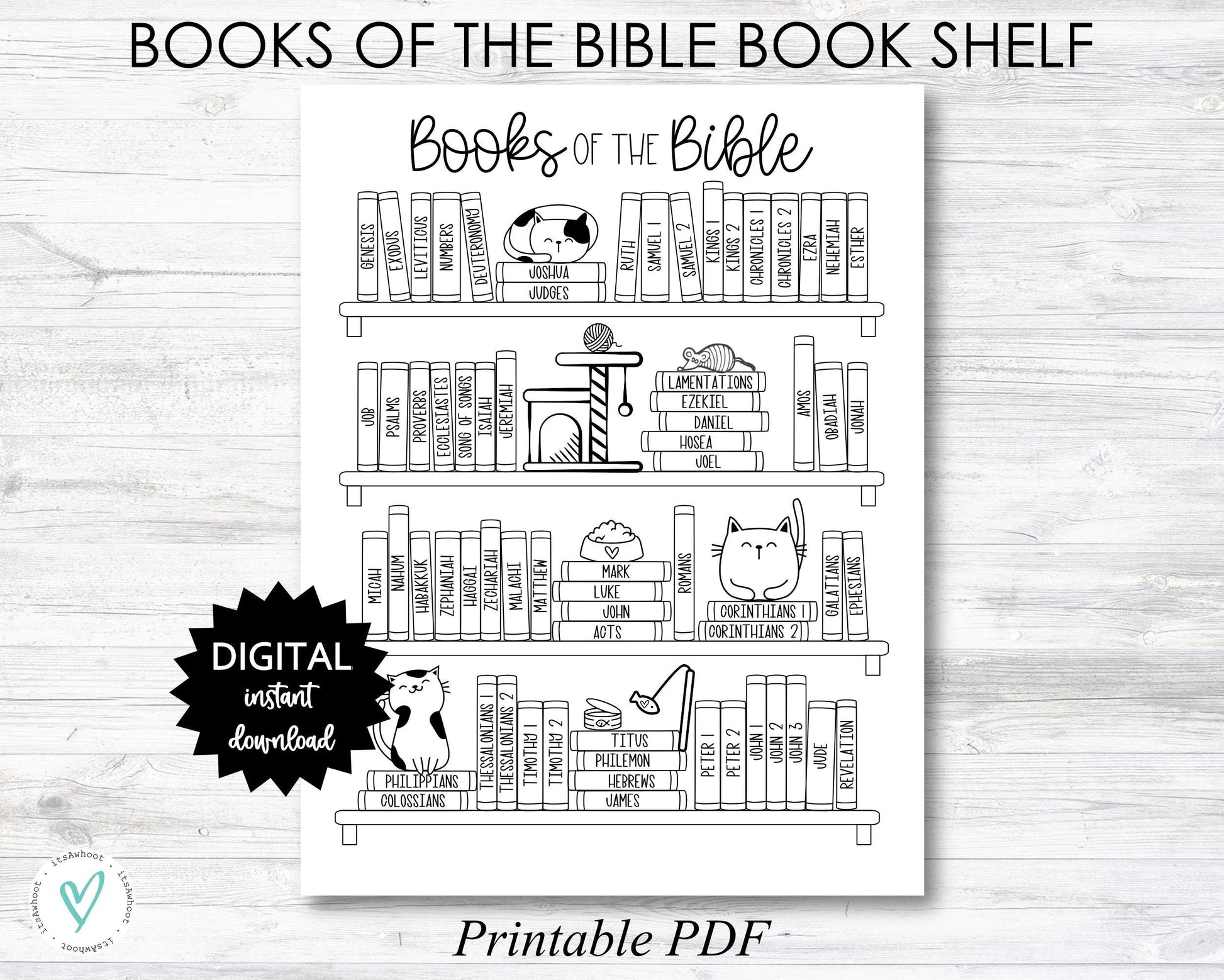Books of the Bible Book Shelf tracker, Bible Books Coloring Page - CAT - PRINTABLE (N055_4)