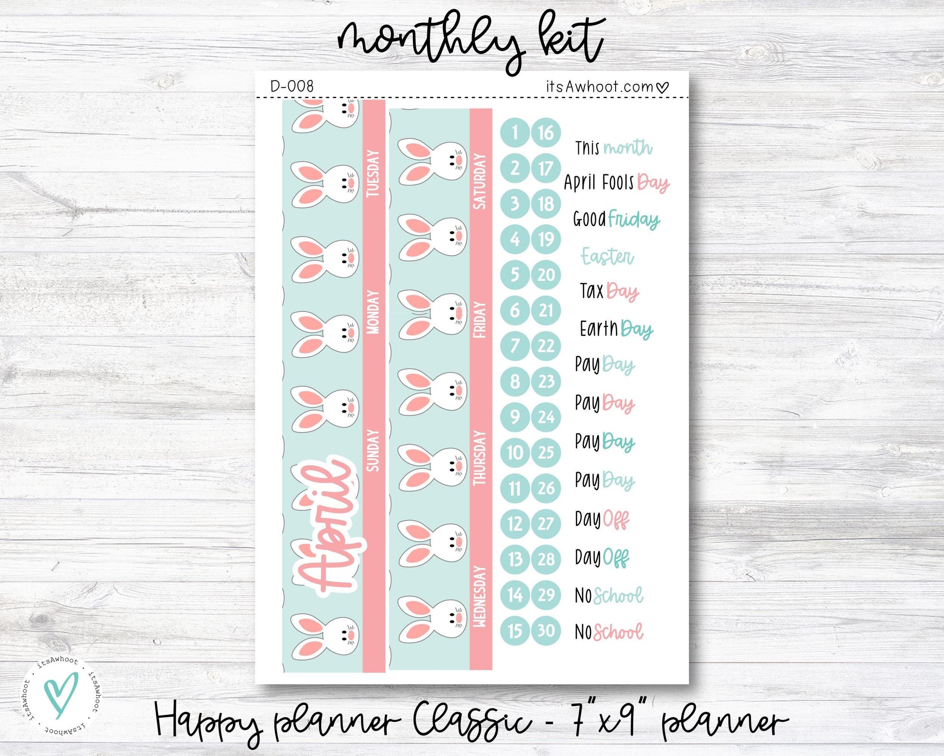 MONTHLY Kit Planner Stickers - APRIL "Bunny Hop" - Happy Planner CLASSIC (D008)