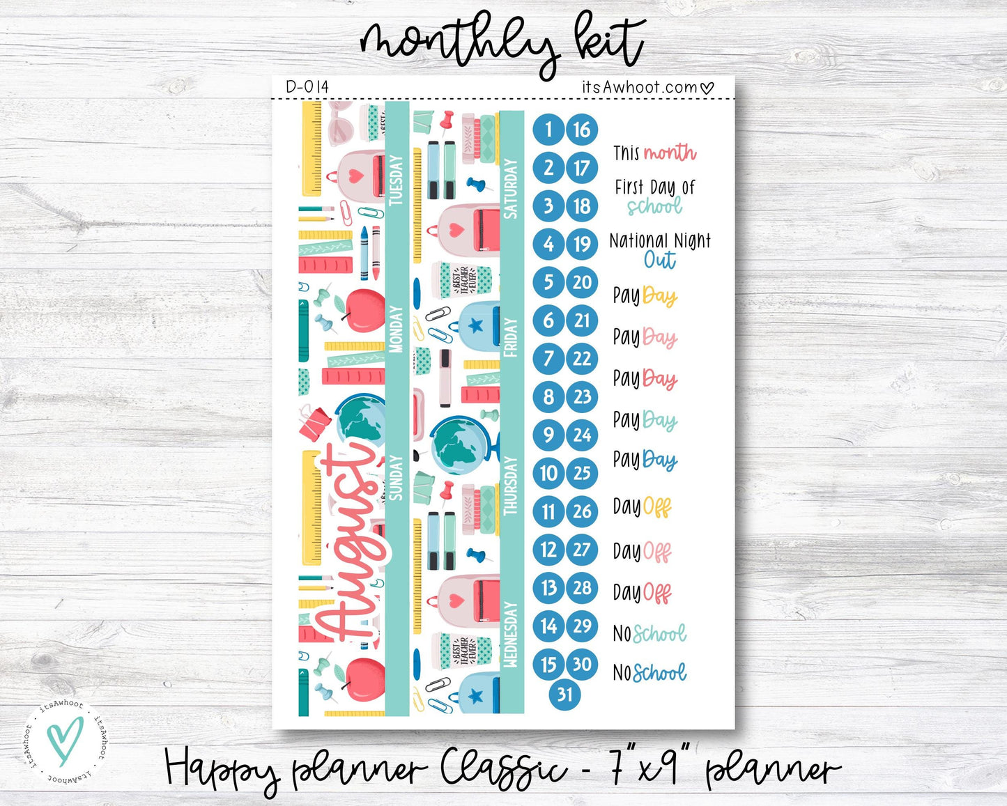MONTHLY Kit Planner Stickers - AUGUST "Back to School" - Happy Planner CLASSIC (D014)