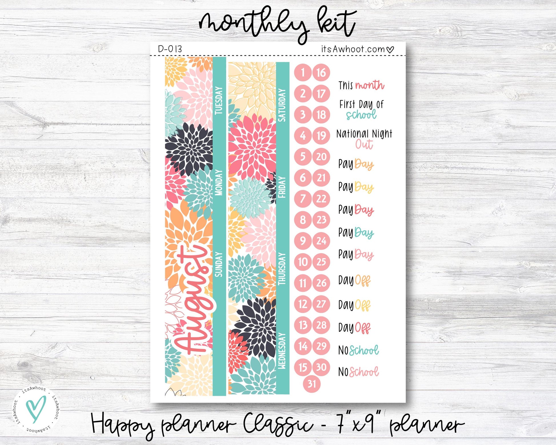 MONTHLY Kit Planner Stickers - AUGUST "Retro Vibes" - Happy Planner CLASSIC (D013)