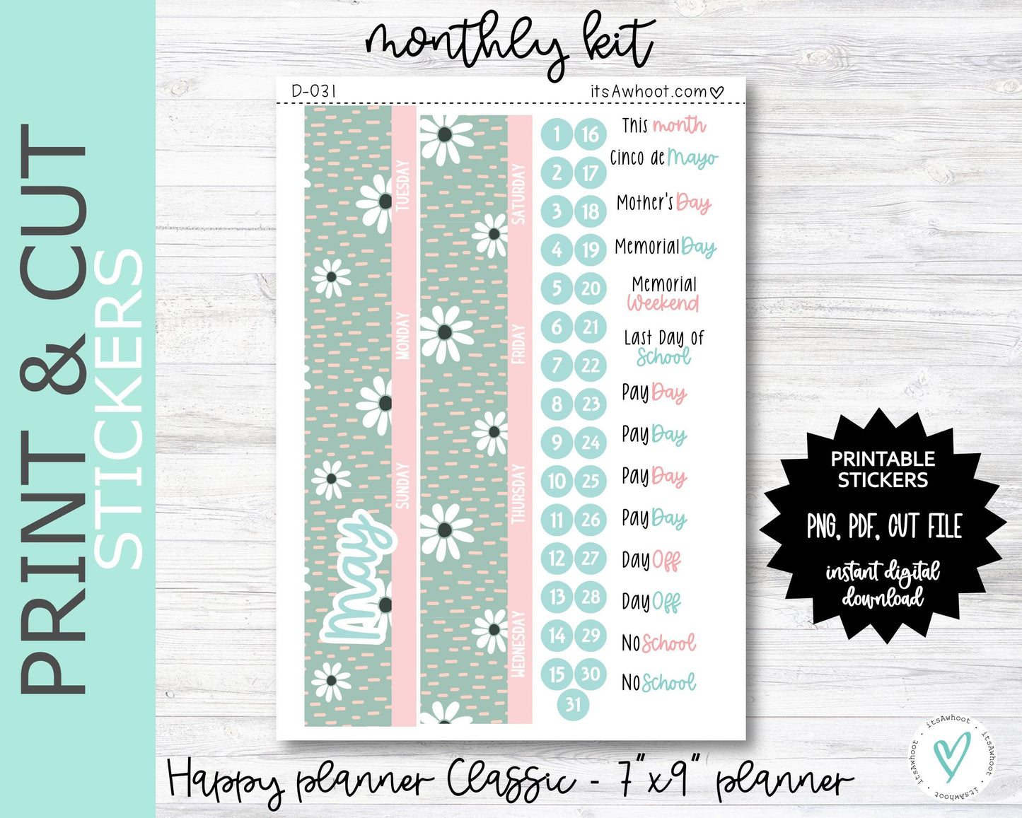 MONTHLY Kit PRINT & CUT Planner Stickers - May "Love, Mom" - Happy Planner Classic / 7"x9" (D031PC)