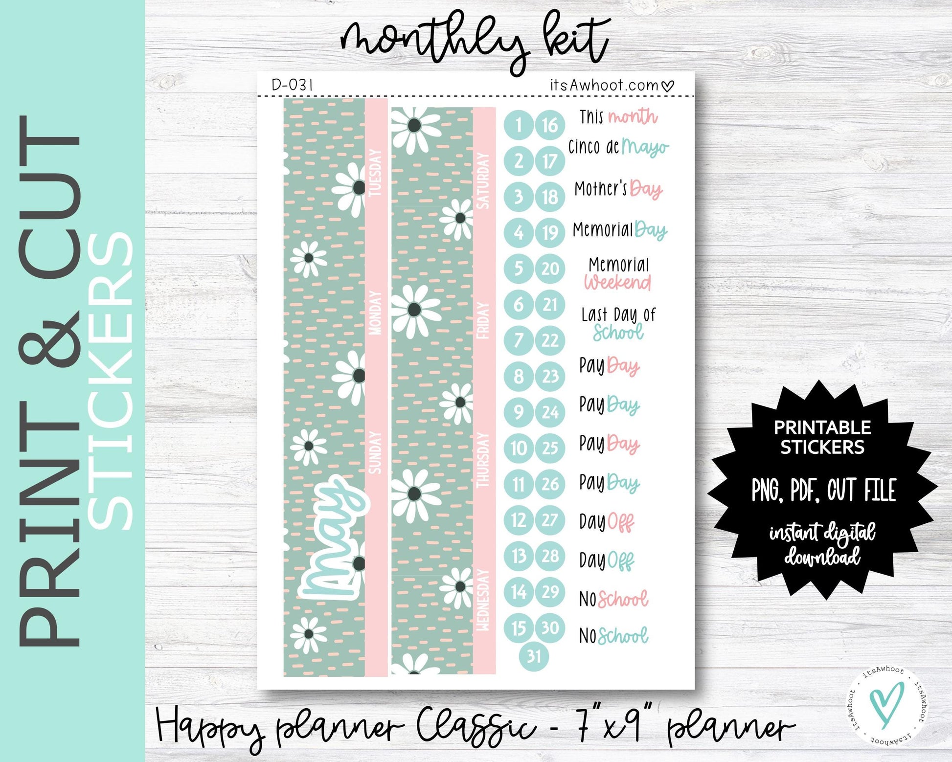 MONTHLY Kit PRINT & CUT Planner Stickers - May "Love, Mom" - Happy Planner Classic / 7"x9" (D031PC)
