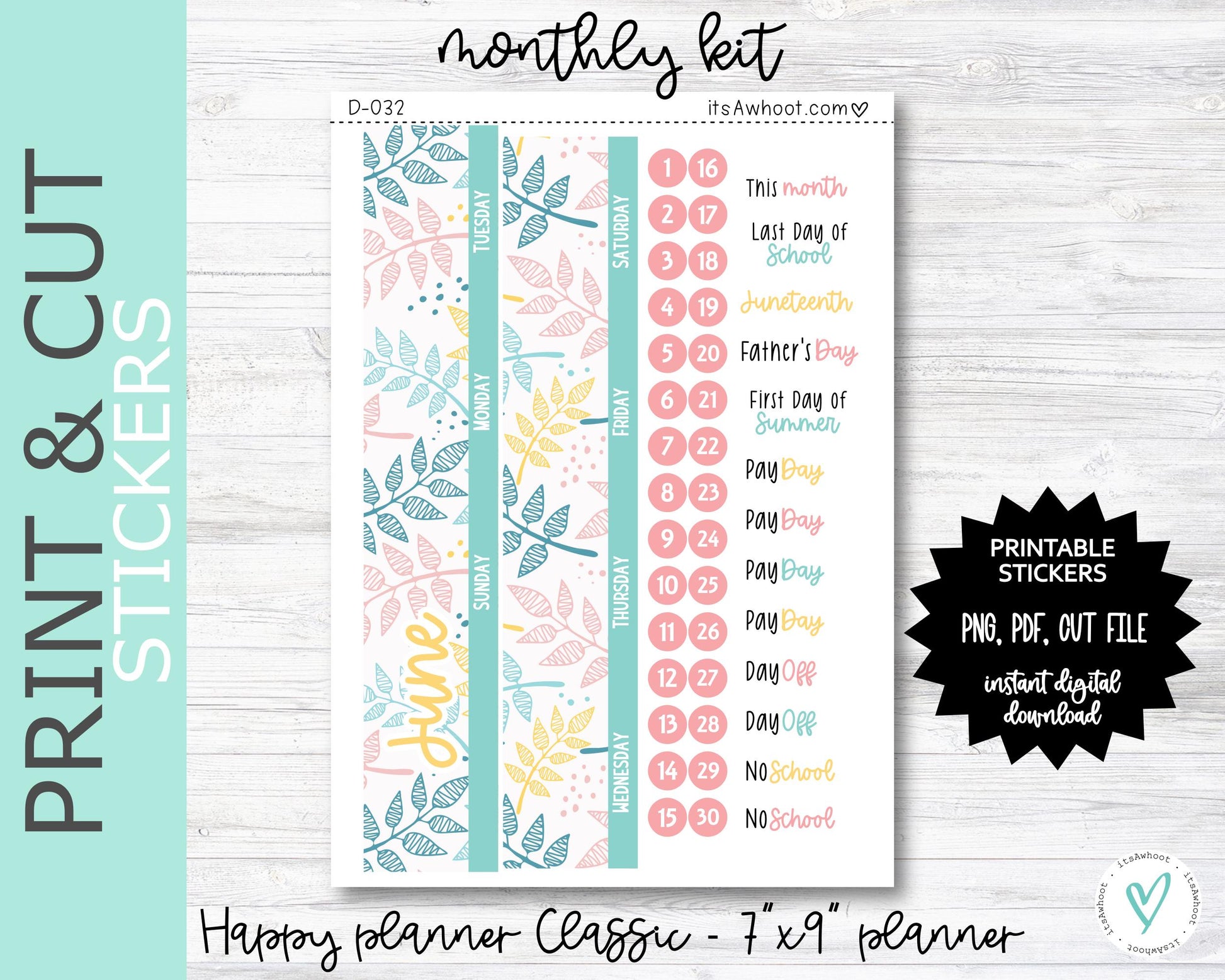 MONTHLY Kit PRINT & CUT Planner Stickers - June "Birthday Month" - Happy Planner Classic / 7"x9" (D032PC)