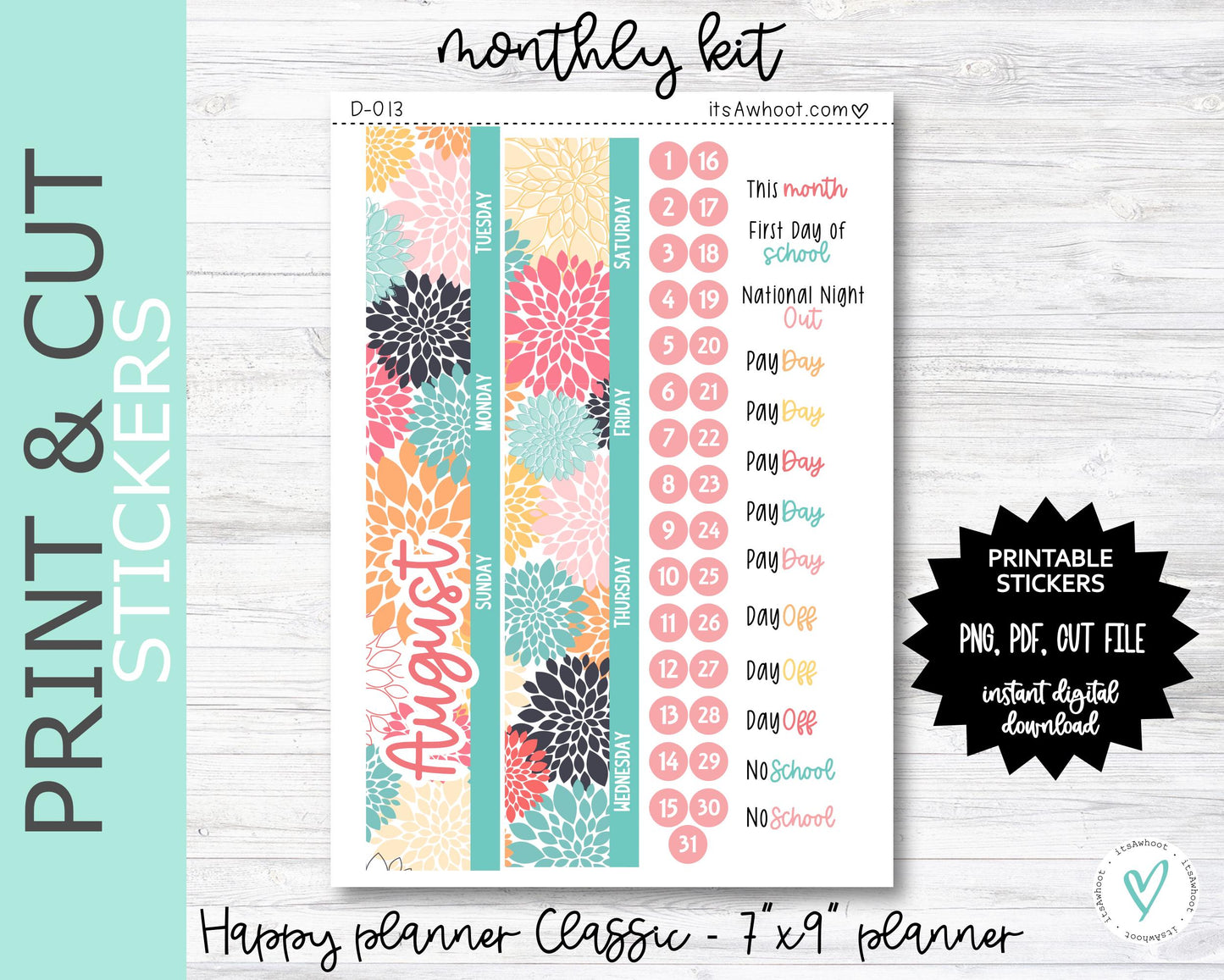 MONTHLY Kit PRINT & CUT Planner Stickers - August "Retro Vibes" - Happy Planner Classic / 7"x9" (D013PC)