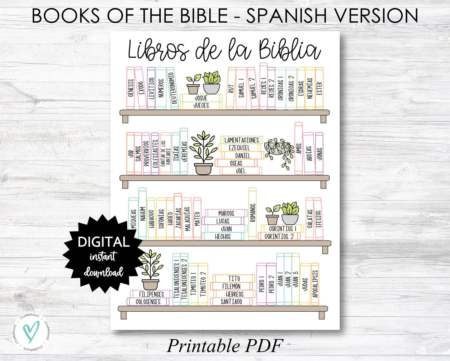 Books of the Bible Book Shelf tracker, Bible Books Coloring Page - SPANISH/COLOR Version - PRINTABLE (N055_3)