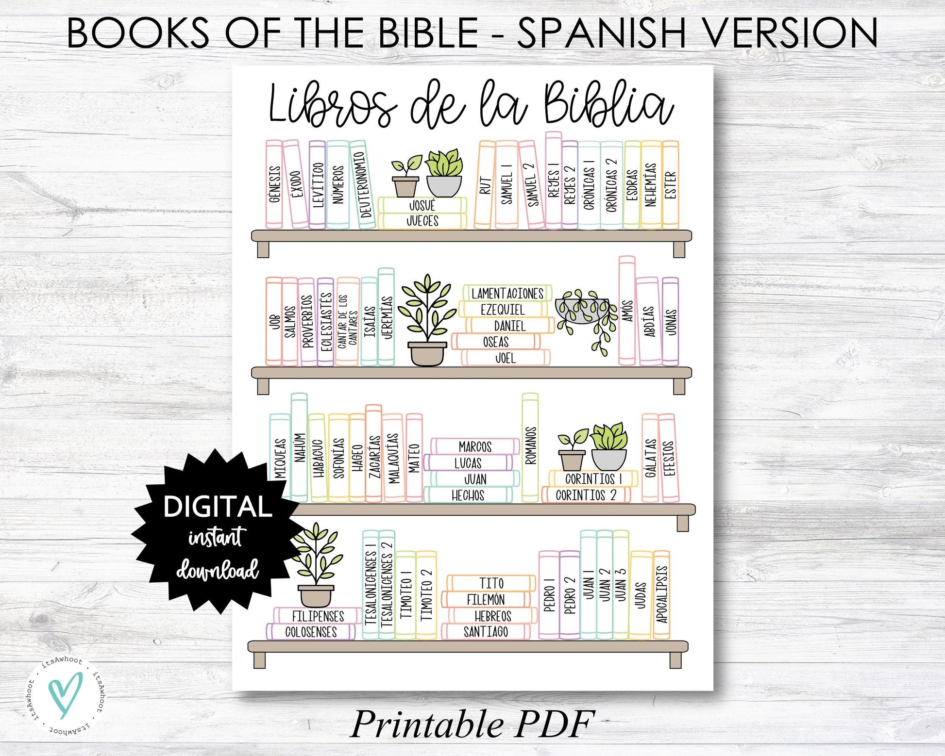 Books of the Bible Book Shelf tracker, Bible Books Coloring Page - SPANISH/COLOR Version - PRINTABLE (N055_3)