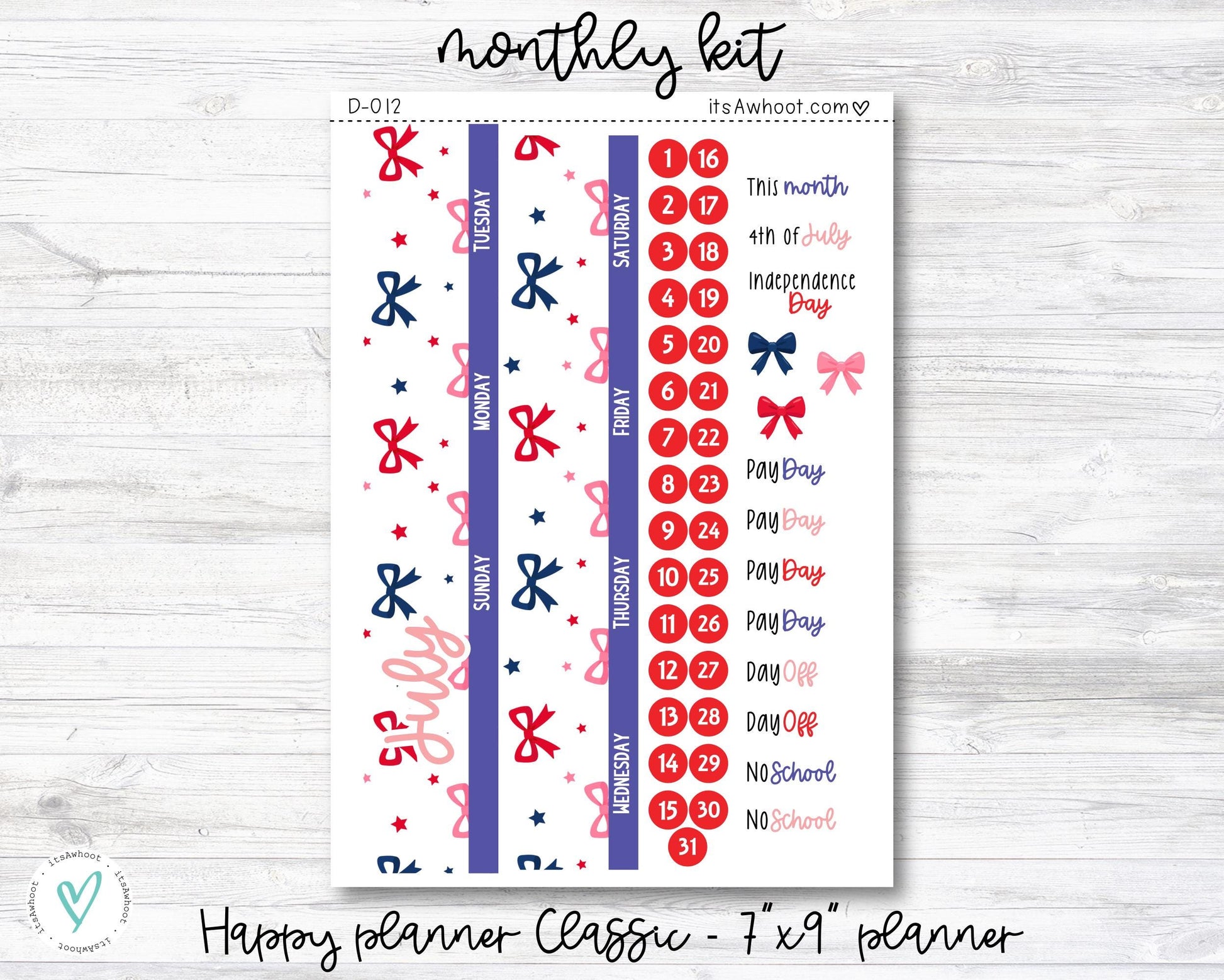 MONTHLY Kit Planner Stickers - JULY "Sparklers & Bows" - Happy Planner CLASSIC / 7"x9" (D012)