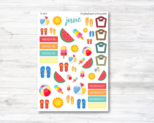 June Summer Stickers, Weight Loss Planner Clipart (B064)