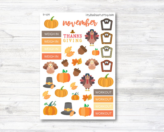 November Thanksgiving Fall Stickers, Weight Loss Planner Clipart (B109)