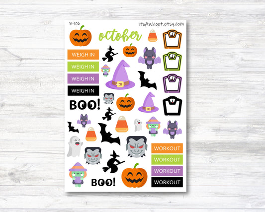 October Halloween Stickers, Weight Loss Planner Clipart (B106)