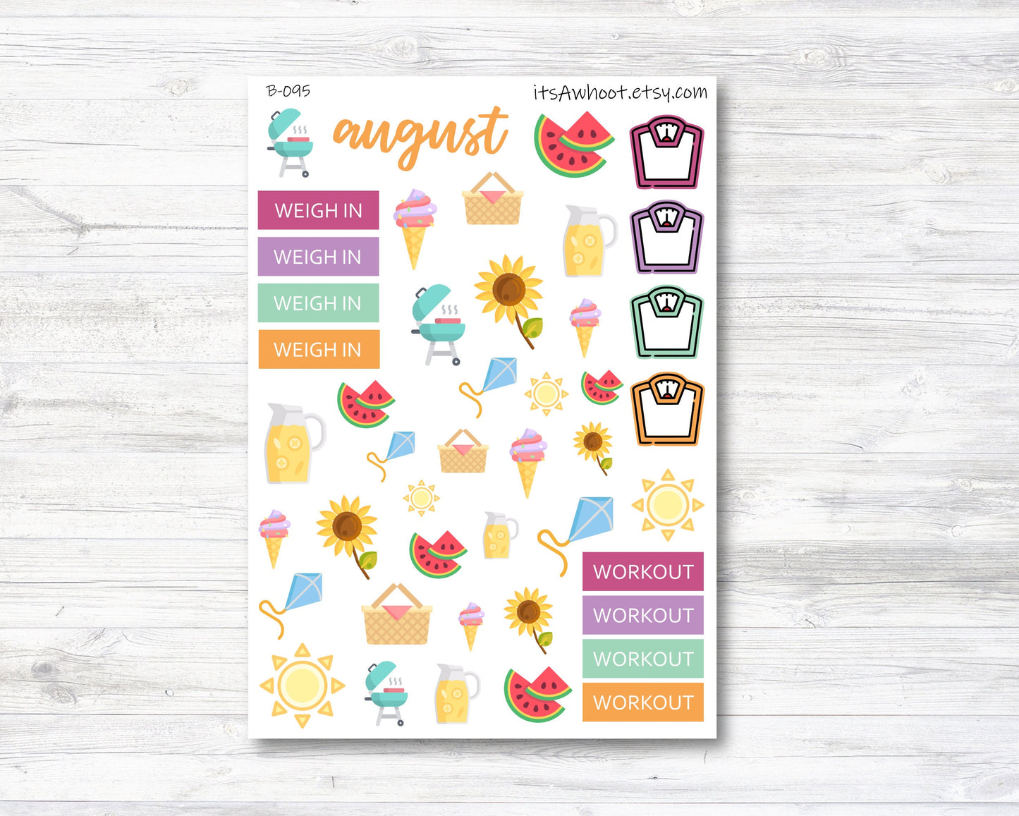 August Summer Stickers, Weight Loss Planner Clipart (B095)